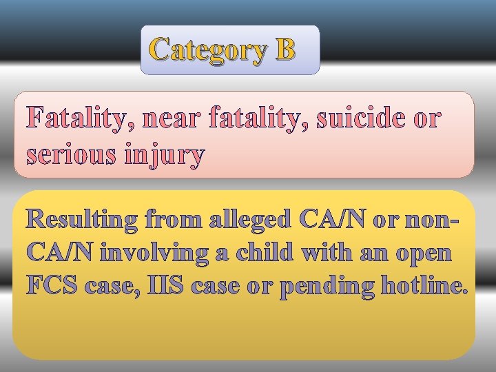 Category B Fatality, near fatality, suicide or serious injury Resulting from alleged CA/N or