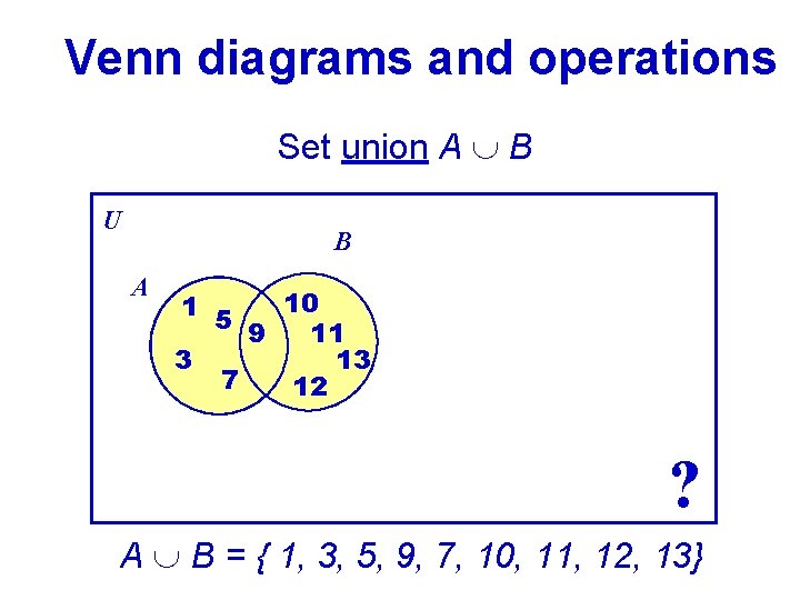 Venn diagrams and operations Set union A B U B A 10 1 5