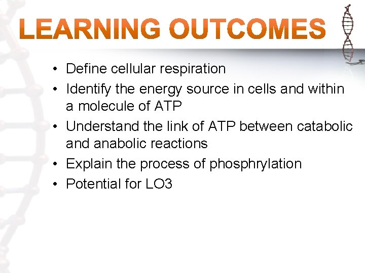  • Define cellular respiration • Identify the energy source in cells and within