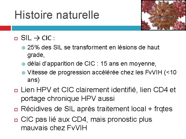 Histoire naturelle SIL → CIC : 25% des SIL se transforment en lésions de Histoire naturelle SIL → CIC : 25% des SIL se transforment en lésions de