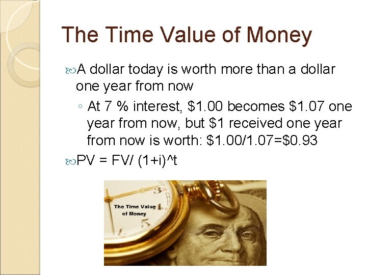 The Time Value of Money A dollar today is worth more than a dollar