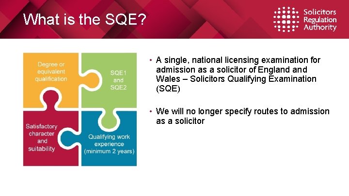 What is the SQE? • A single, national licensing examination for admission as a