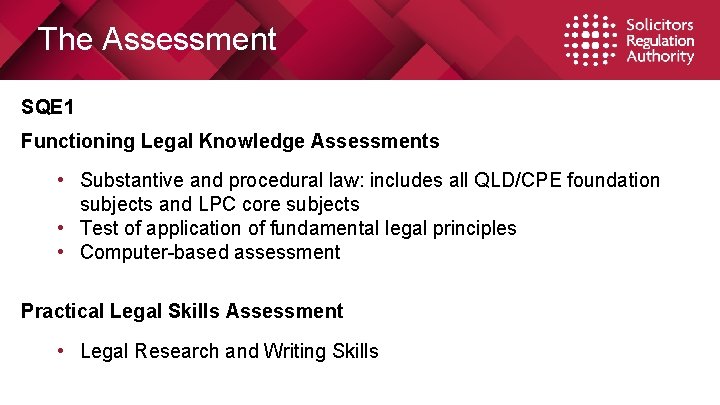 The Assessment SQE 1 Functioning Legal Knowledge Assessments • Substantive and procedural law: includes
