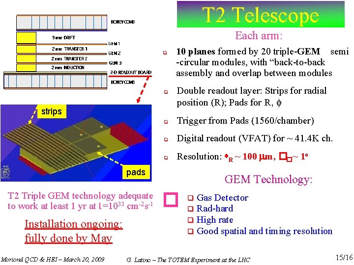 T 2 Telescope Each arm: strips 10 planes formed by 20 triple-GEM semi -circular