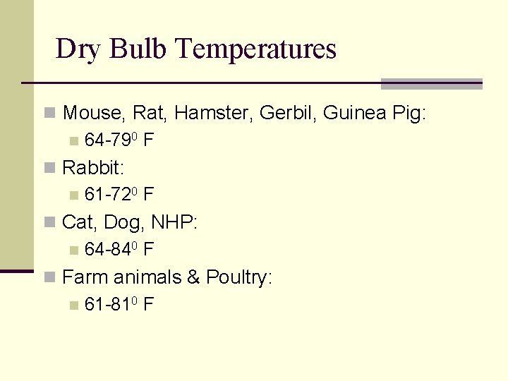 Dry Bulb Temperatures n Mouse, Rat, Hamster, Gerbil, Guinea Pig: n 64 -790 F Dry Bulb Temperatures n Mouse, Rat, Hamster, Gerbil, Guinea Pig: n 64 -790 F