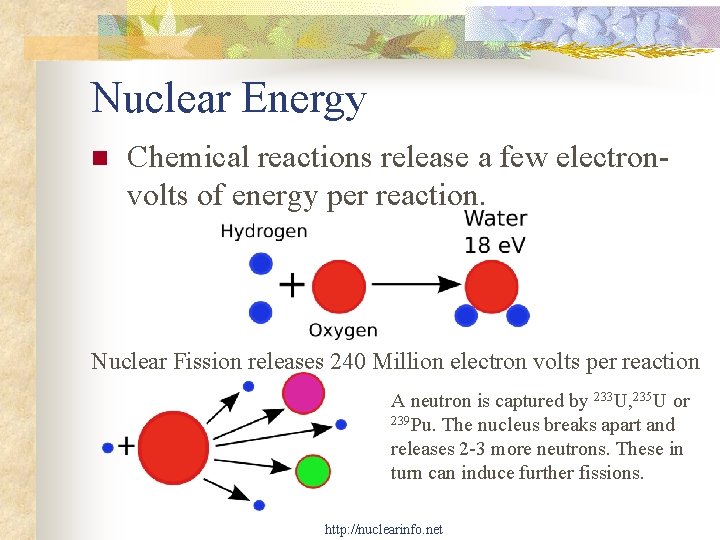 Nuclear Energy n Chemical reactions release a few electronvolts of energy per reaction. Nuclear