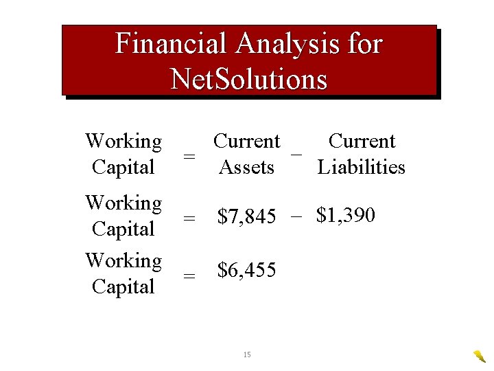 Financial Analysis for Net. Solutions Working Current – = Capital Assets Liabilities Working $7,