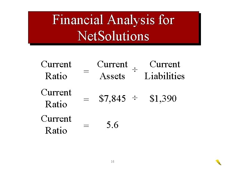 Financial Analysis for Net. Solutions Current Ratio Current = Assets ÷ Liabilities = $7,