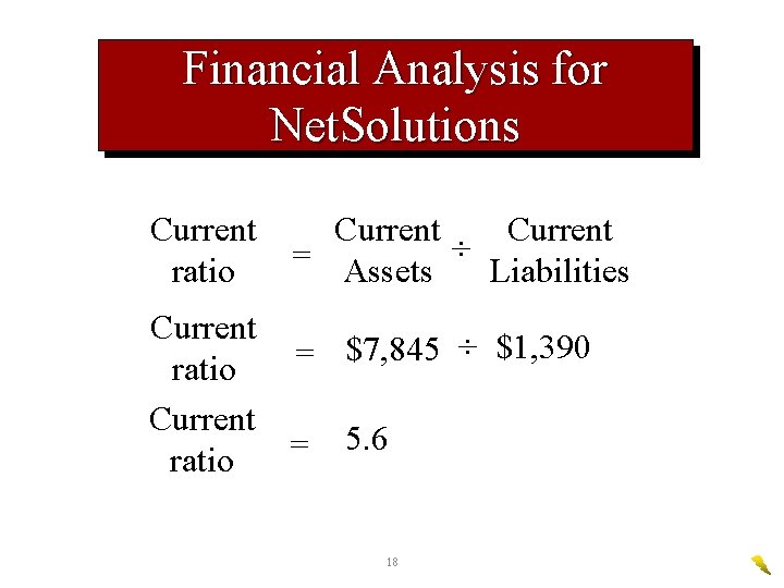 Financial Analysis for Net. Solutions Current ratio Current = Assets ÷ Liabilities Current $7,