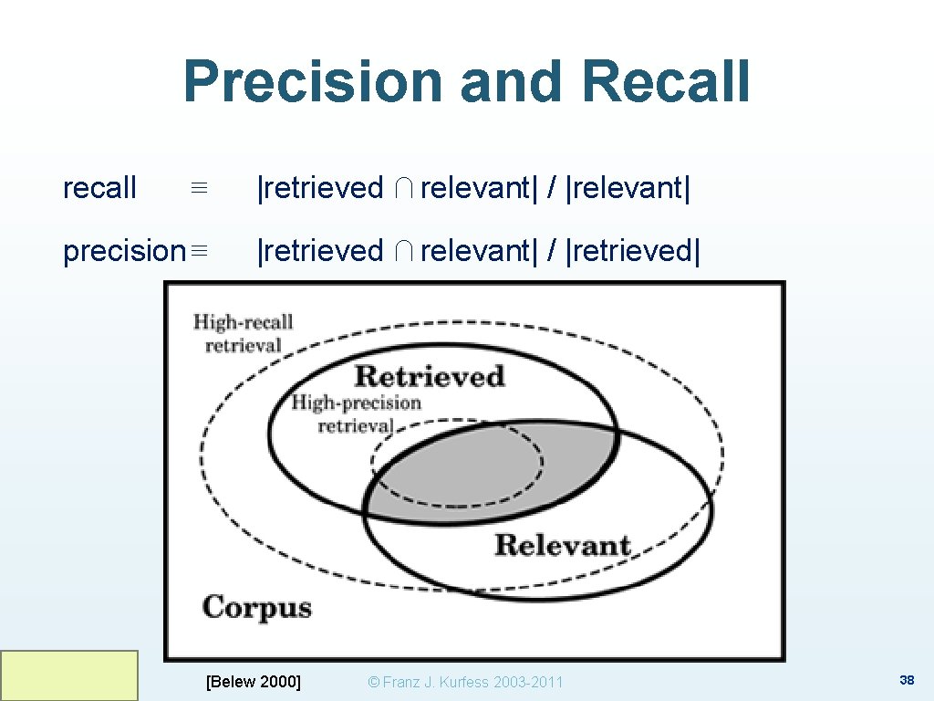 Precision and Recall recall ≡ precision ≡ |retrieved ∩ relevant| / |relevant| |retrieved ∩