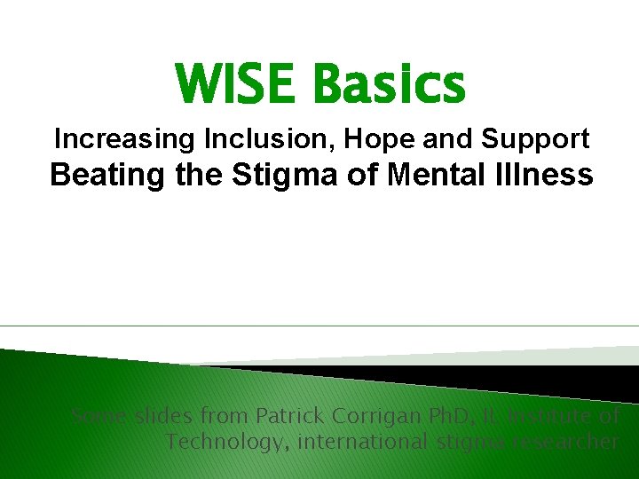 WISE Basics Increasing Inclusion, Hope and Support Beating the Stigma of Mental Illness Some
