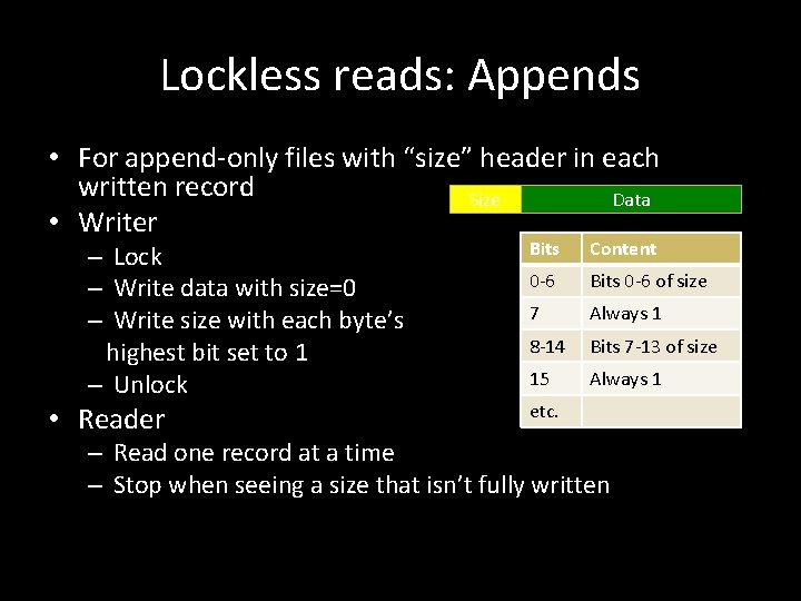 Lockless reads: Appends • For append-only files with “size” header in each written record