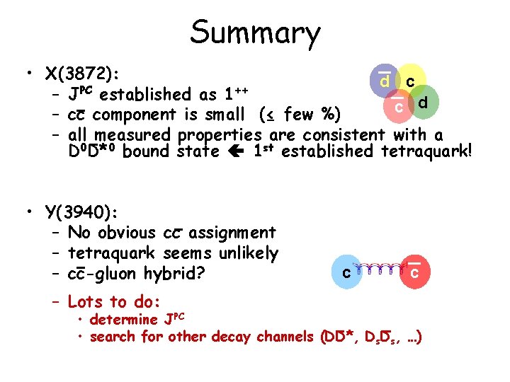 Summary • X(3872): d c PC ++ – J established as 1 d c