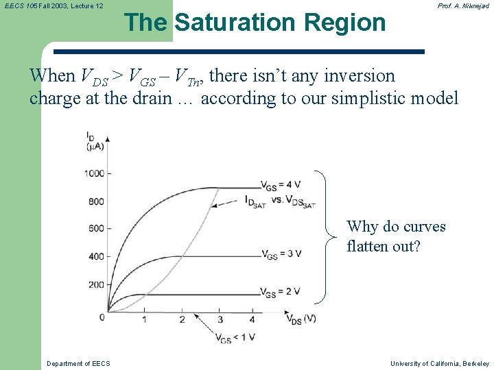 EECS 105 Fall 2003, Lecture 12 The Saturation Region Prof. A. Niknejad When VDS