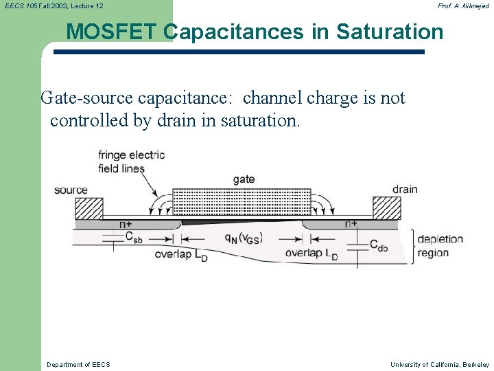 EECS 105 Fall 2003, Lecture 12 Prof. A. Niknejad MOSFET Capacitances in Saturation Gate-source