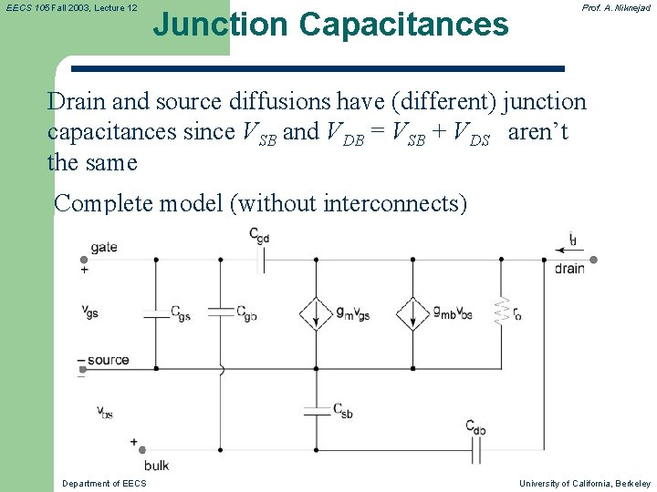 EECS 105 Fall 2003, Lecture 12 Junction Capacitances Prof. A. Niknejad Drain and source