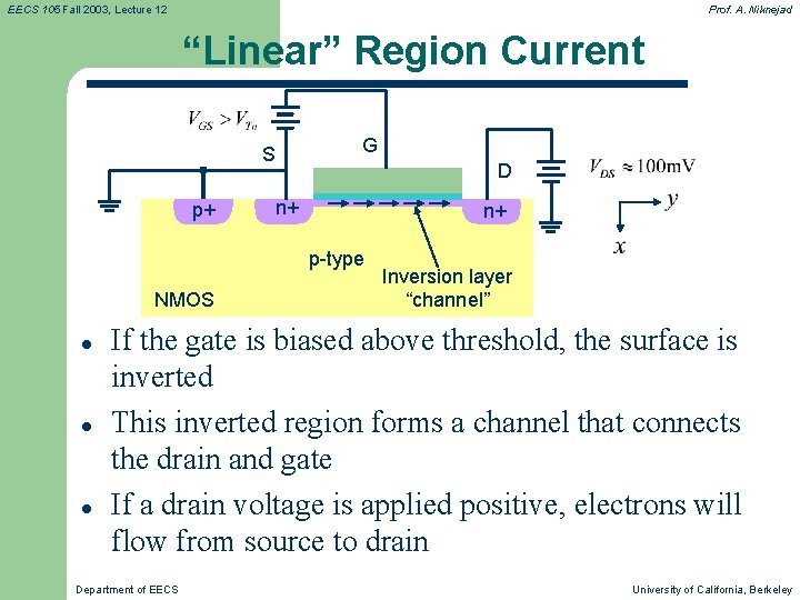 EECS 105 Fall 2003, Lecture 12 Prof. A. Niknejad “Linear” Region Current S p+