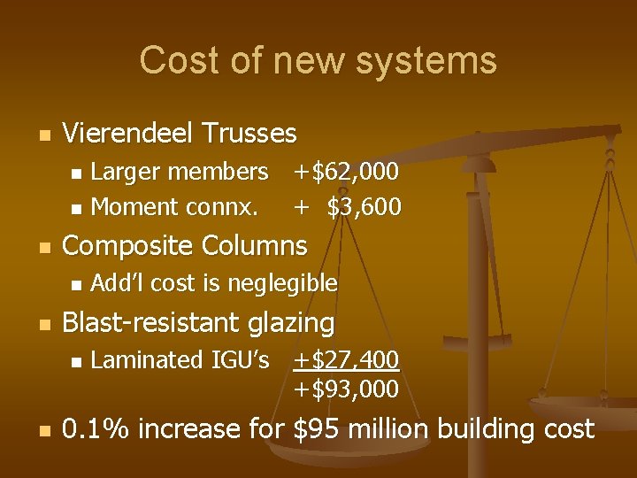 Cost of new systems n Vierendeel Trusses Larger members +$62, 000 n Moment connx.