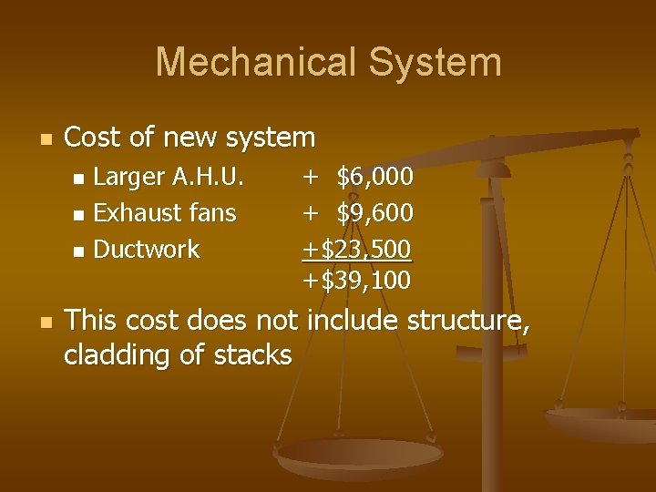Mechanical System n Cost of new system Larger A. H. U. n Exhaust fans