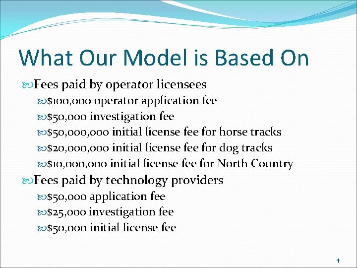 What Our Model is Based On Fees paid by operator licensees $100, 000 operator