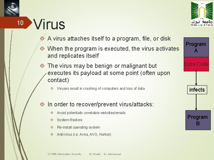 10 Virus A virus attaches itself to a program, file, or disk Program When