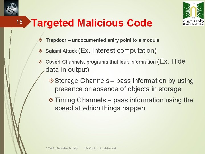 15 Targeted Malicious Code Trapdoor – undocumented entry point to a module Salami Attack