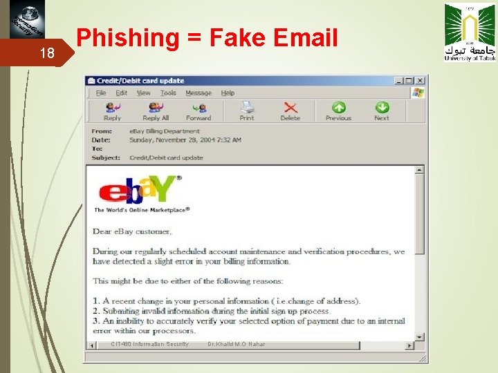 18 Phishing = Fake Email CIT 460 Information Security Dr. Khalid M. O Nahar