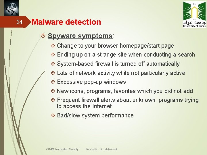24 Malware detection Spyware symptoms: Change to your browser homepage/start page Ending up on