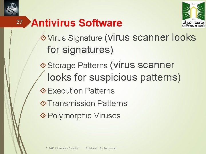 27 Antivirus Software Virus Signature (virus scanner looks for signatures) Storage Patterns (virus scanner