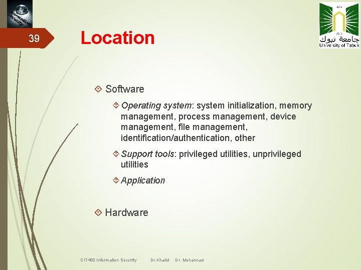 39 Location Software Operating system: system initialization, memory management, process management, device management, file