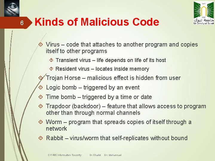 6 Kinds of Malicious Code Virus – code that attaches to another program and