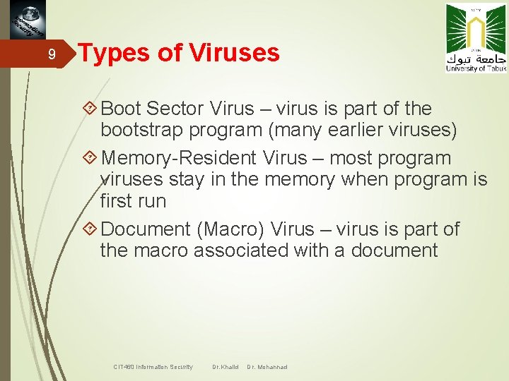 9 Types of Viruses Boot Sector Virus – virus is part of the bootstrap