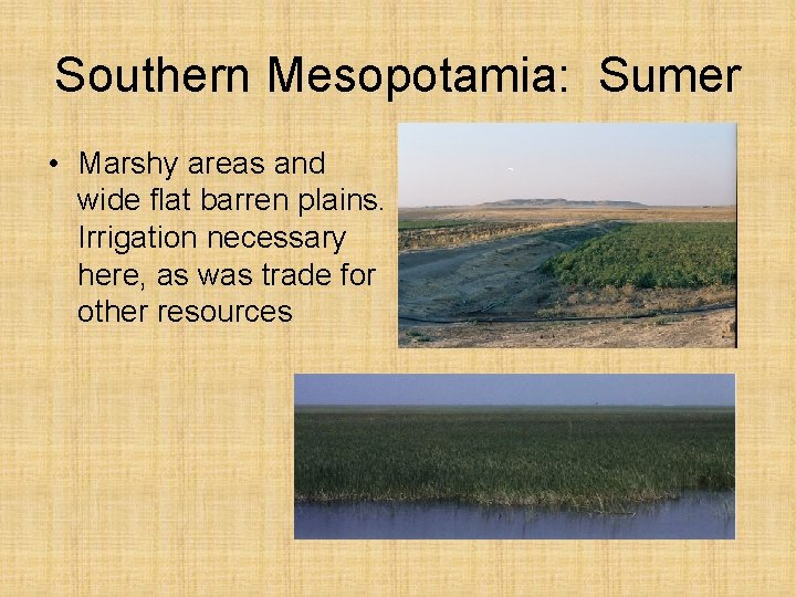 Southern Mesopotamia: Sumer • Marshy areas and wide flat barren plains. Irrigation necessary here,