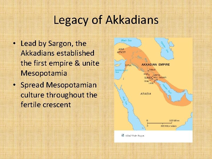 Legacy of Akkadians • Lead by Sargon, the Akkadians established the first empire &