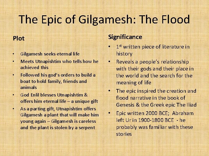 The Epic of Gilgamesh: The Flood Plot • • • Gilgamesh seeks eternal life