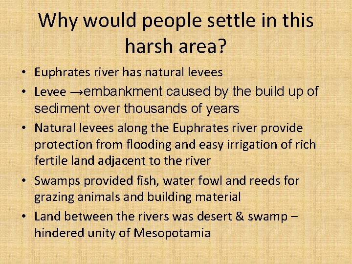 Why would people settle in this harsh area? • Euphrates river has natural levees