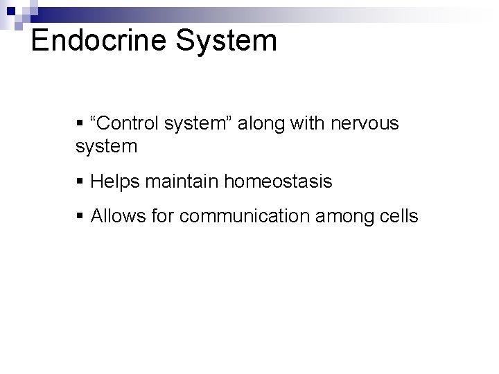 Endocrine System § “Control system” along with nervous system § Helps maintain homeostasis §