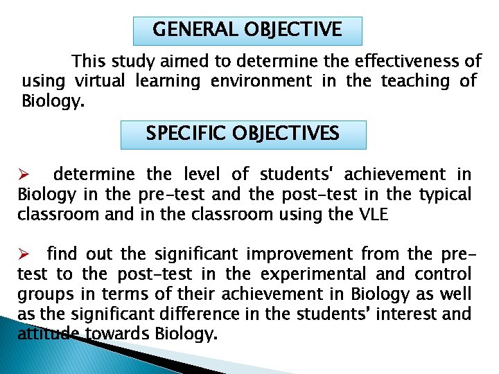 GENERAL OBJECTIVE This study aimed to determine the effectiveness of using virtual learning environment