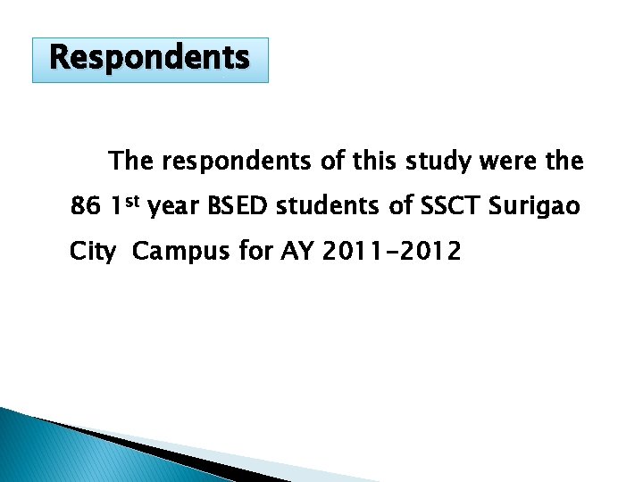 Respondents The respondents of this study were the 86 1 st year BSED students