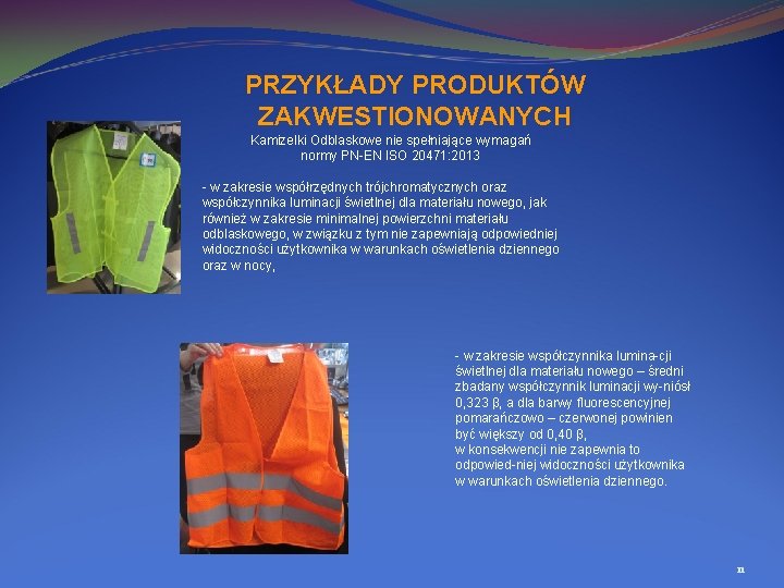 PRZYKŁADY PRODUKTÓW ZAKWESTIONOWANYCH Kamizelki Odblaskowe nie spełniające wymagań normy PN EN ISO 20471: 2013