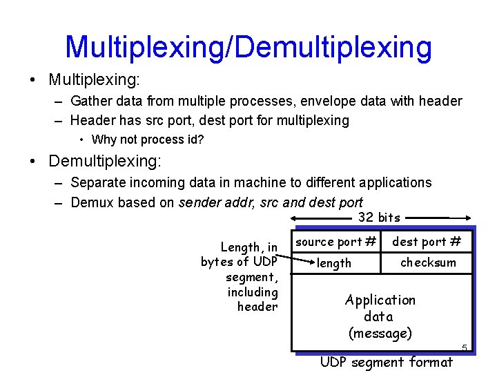 Multiplexing/Demultiplexing • Multiplexing: – Gather data from multiple processes, envelope data with header –