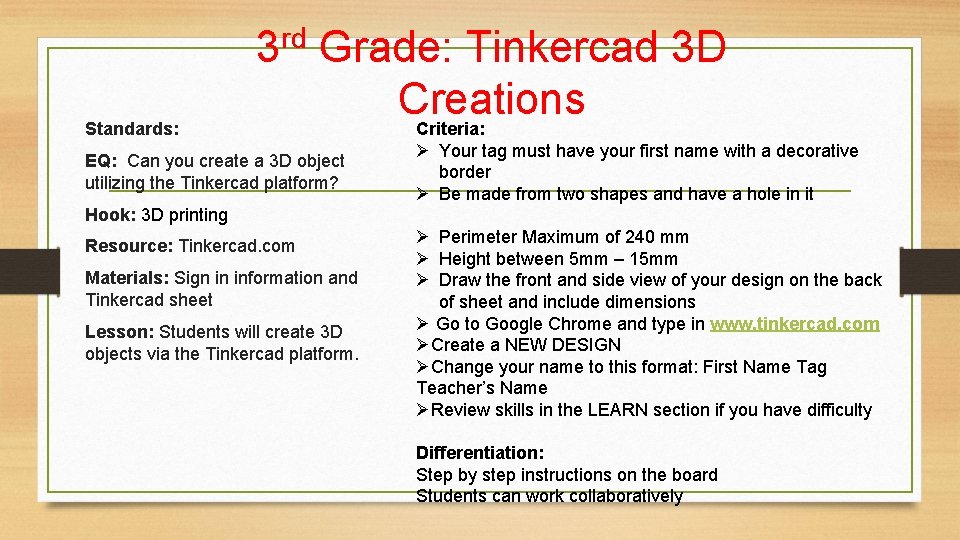 Standards: 3 rd Grade: Tinkercad 3 D Creations Criteria: EQ: Can you create a