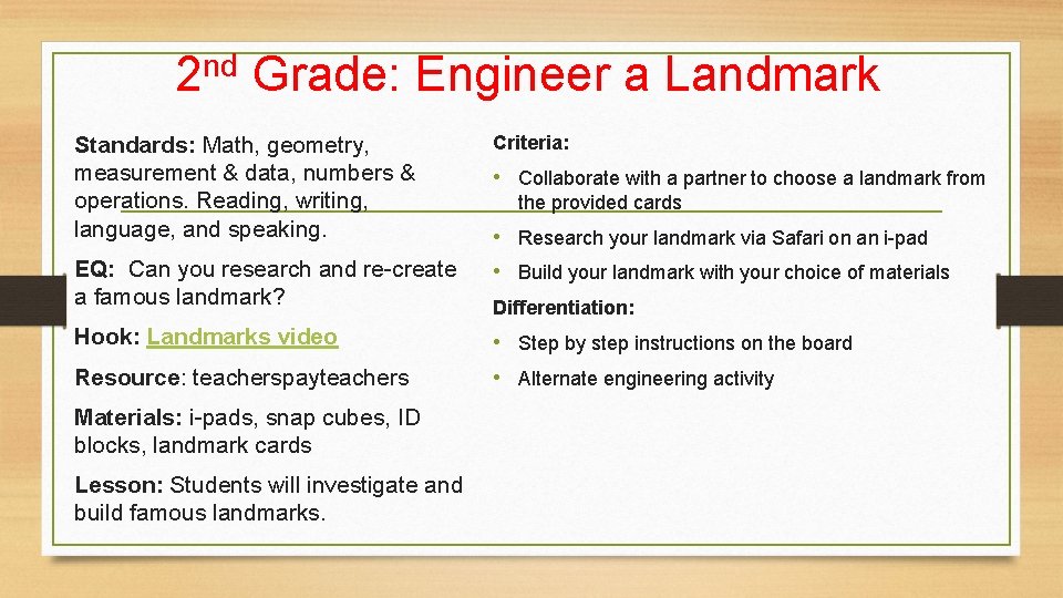 2 nd Grade: Engineer a Landmark Standards: Math, geometry, measurement & data, numbers &