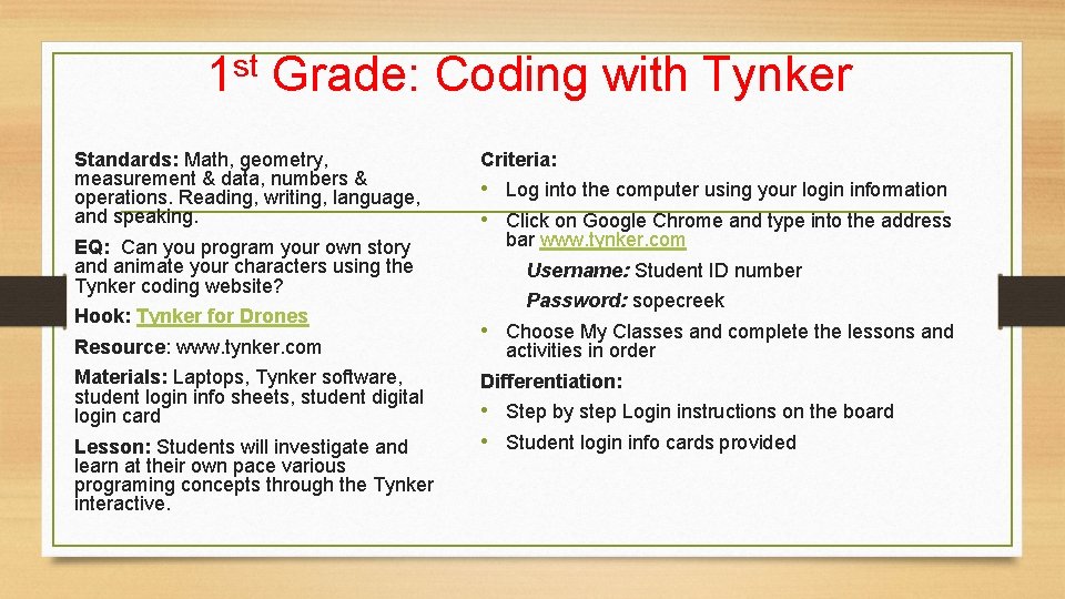 1 st Grade: Coding with Tynker Standards: Math, geometry, measurement & data, numbers &