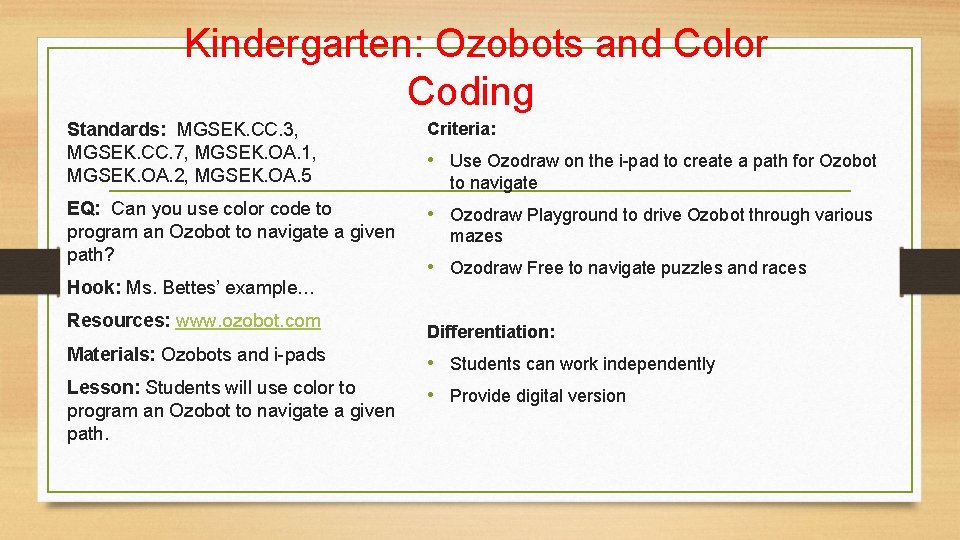 Kindergarten: Ozobots and Color Coding Standards: MGSEK. CC. 3, MGSEK. CC. 7, MGSEK. OA.