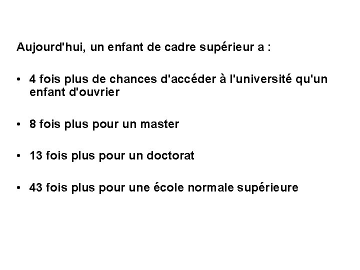 Aujourd'hui, un enfant de cadre supérieur a : • 4 fois plus de chances