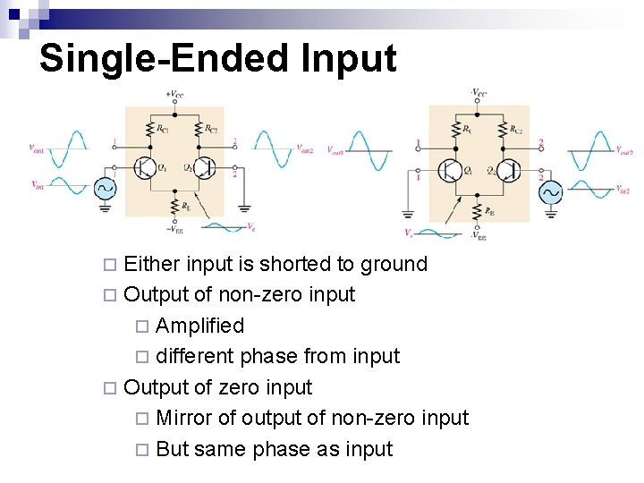 Single-Ended Input ¨ Either input is shorted to ground ¨ Output of non-zero input