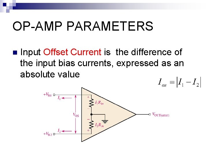 OP-AMP PARAMETERS n Input Offset Current is the difference of the input bias currents,