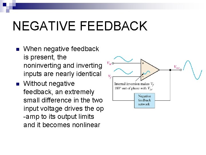 NEGATIVE FEEDBACK n n When negative feedback is present, the noninverting and inverting inputs