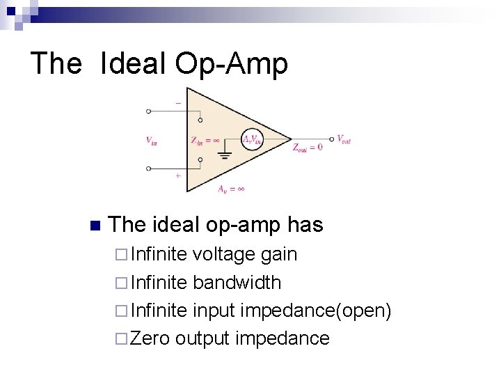 The Ideal Op-Amp n The ideal op-amp has ¨ Infinite voltage gain ¨ Infinite